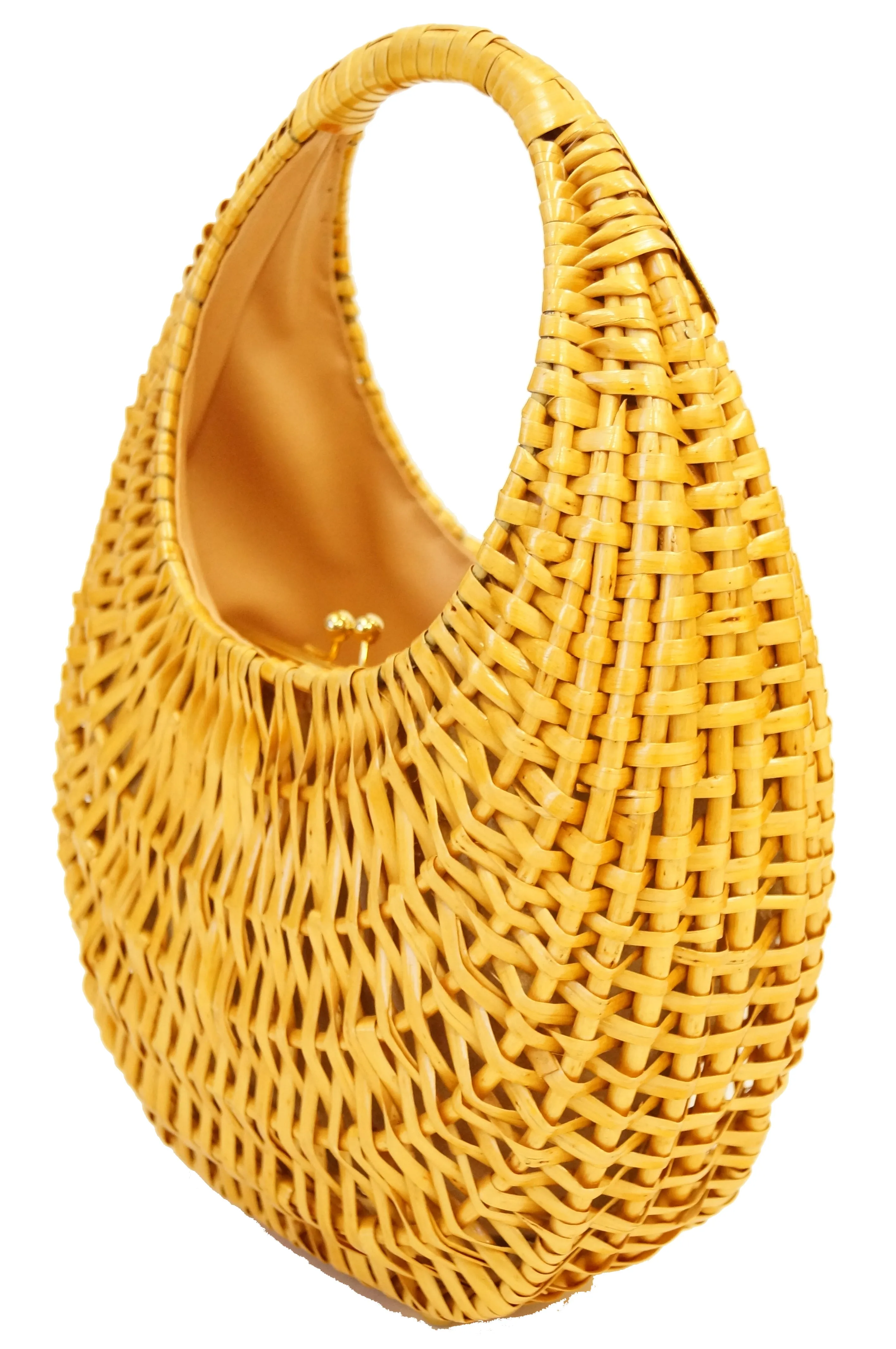 1950s Koret Crescent Flat Reed Basket Handbag with Gold Tassel