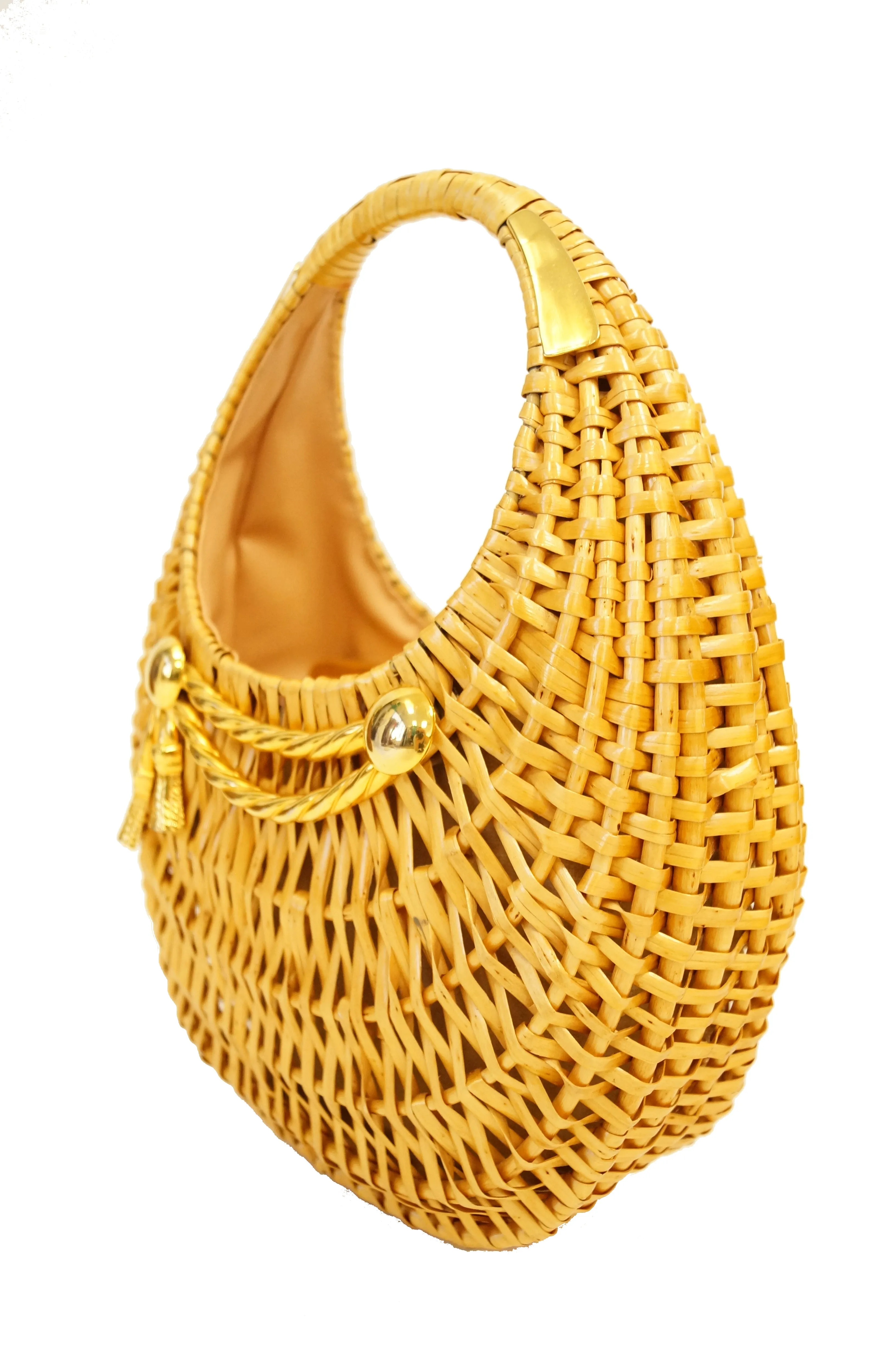 1950s Koret Crescent Flat Reed Basket Handbag with Gold Tassel