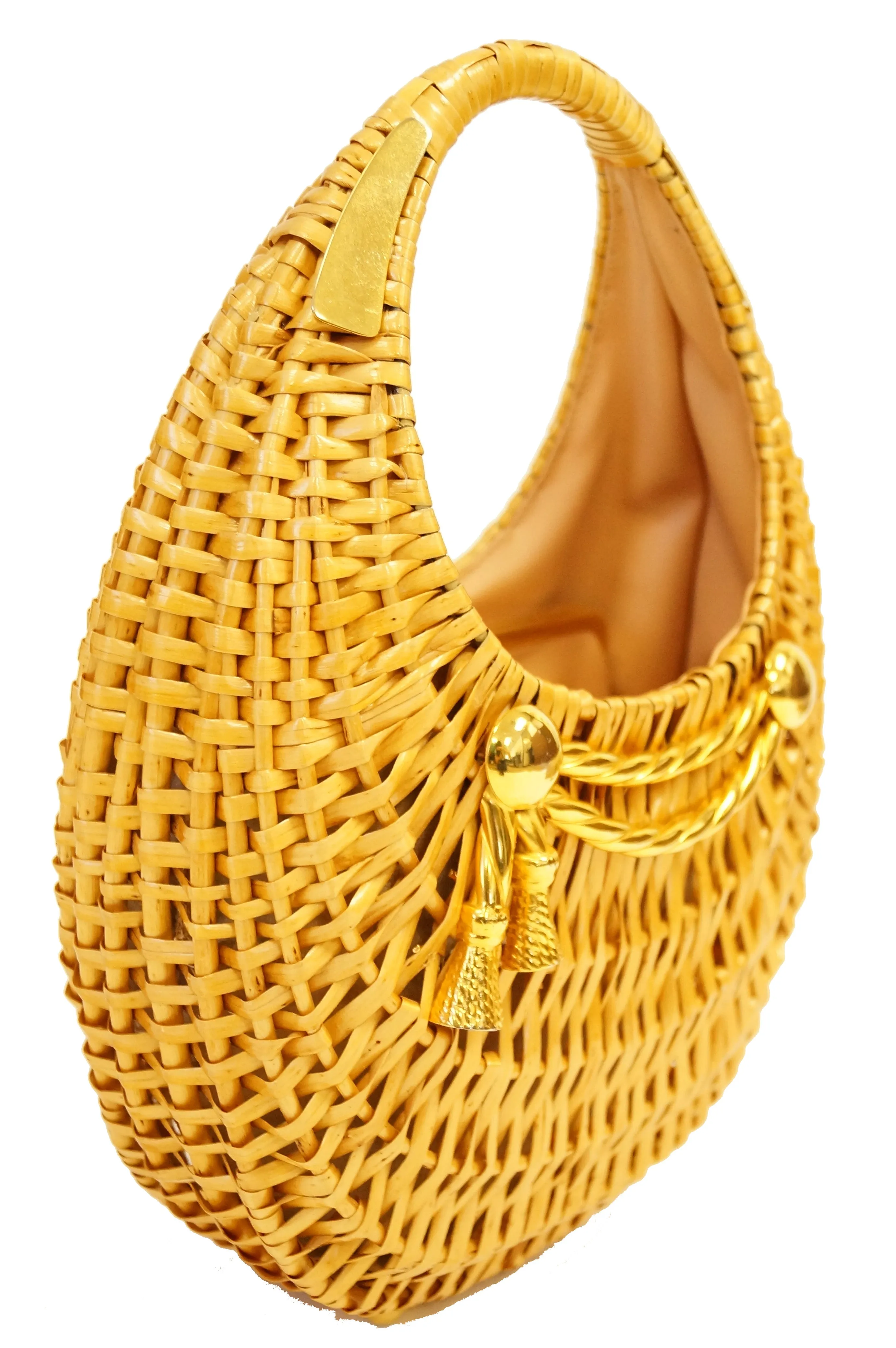 1950s Koret Crescent Flat Reed Basket Handbag with Gold Tassel