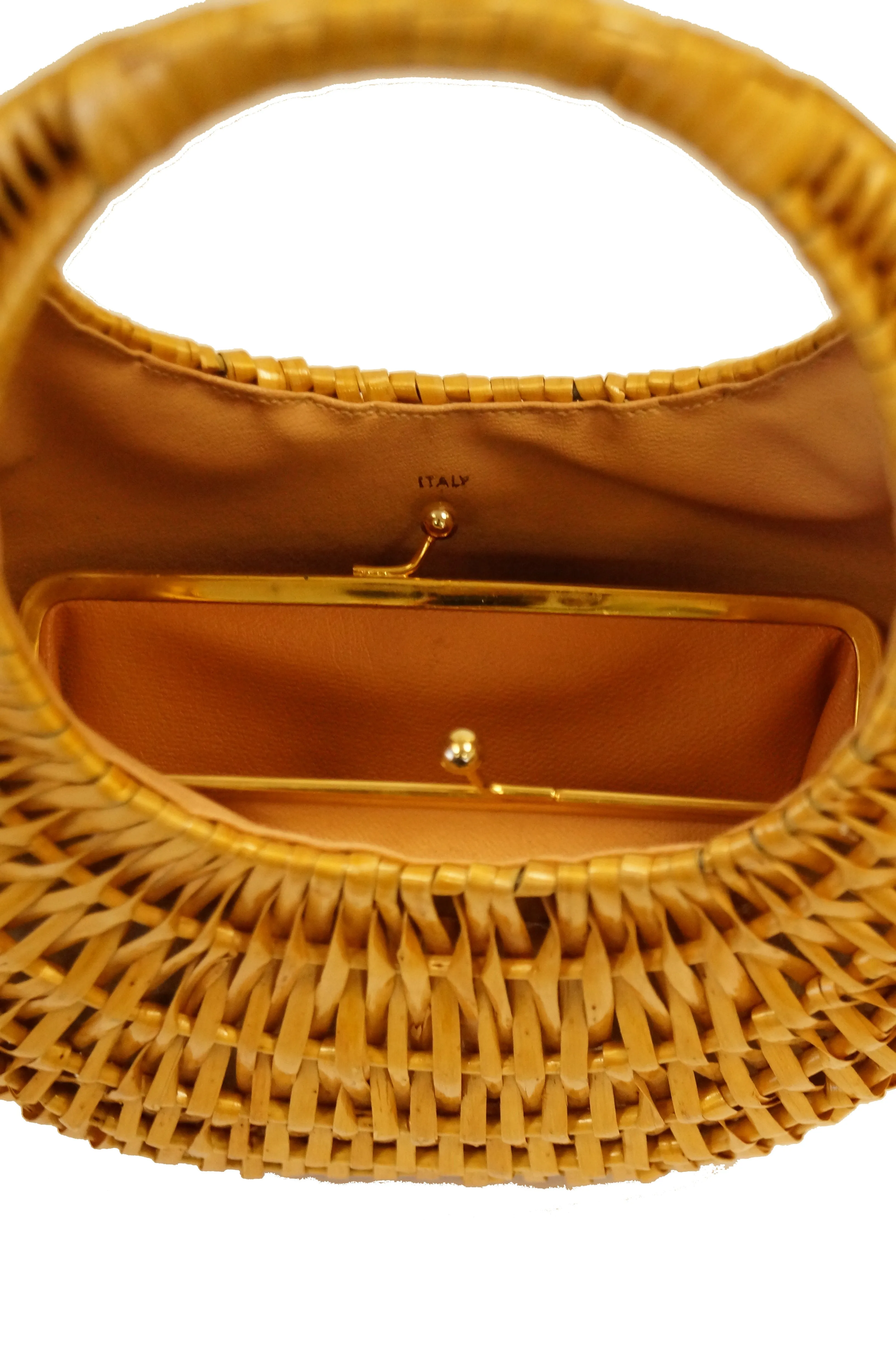 1950s Koret Crescent Flat Reed Basket Handbag with Gold Tassel