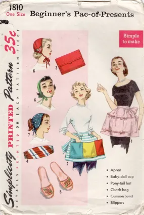 1950's Simplicity "Pac-of-Presents" Half Apron, Baby Doll Cap, Pony-tail Cap, Clutch Bag, Cummerbund and Slippers - One Size - No. 1810