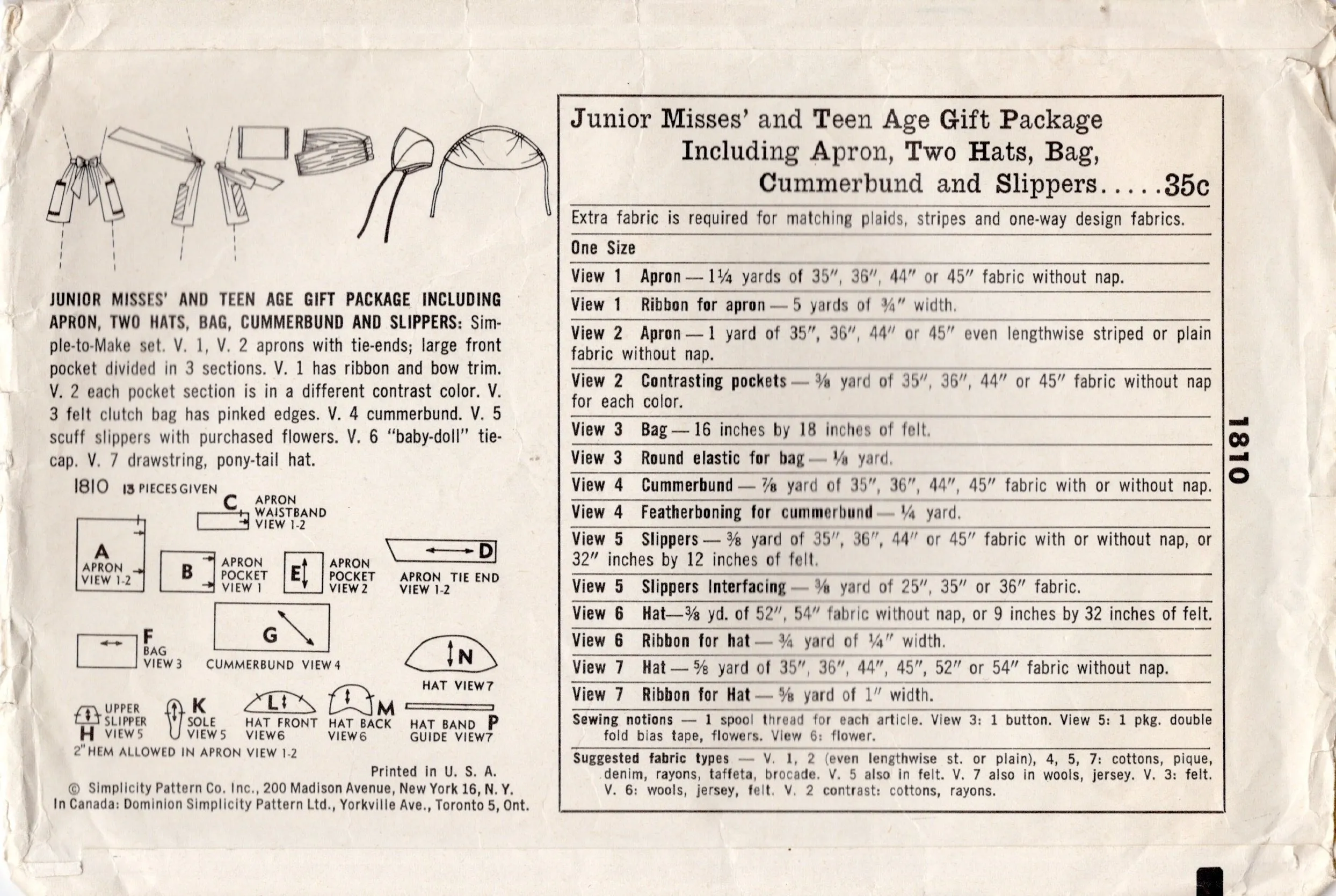 1950's Simplicity "Pac-of-Presents" Half Apron, Baby Doll Cap, Pony-tail Cap, Clutch Bag, Cummerbund and Slippers - One Size - No. 1810