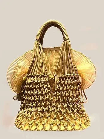 2000s miu miu GOLD ORGANZA NET FLOWER BOW TOTE BAG