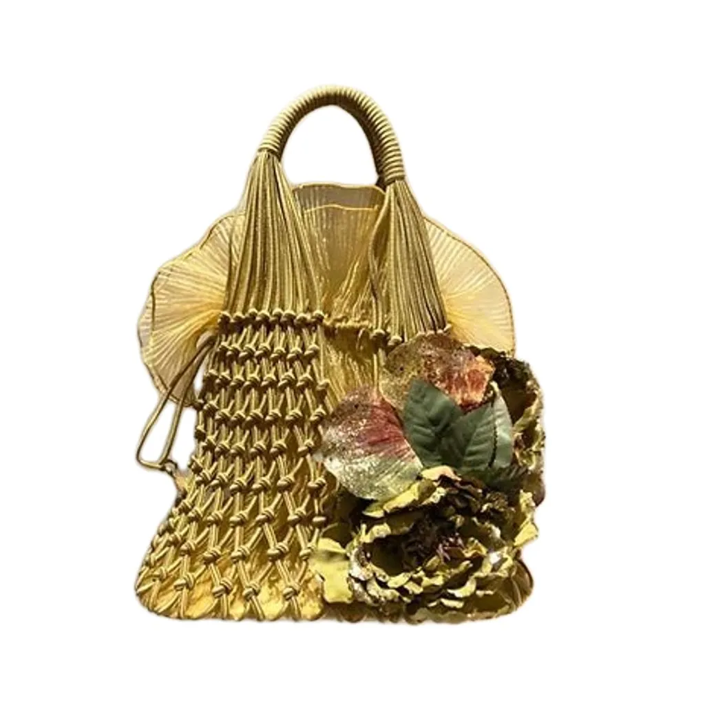 2000s miu miu GOLD ORGANZA NET FLOWER BOW TOTE BAG