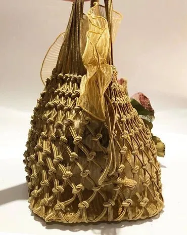 2000s miu miu GOLD ORGANZA NET FLOWER BOW TOTE BAG