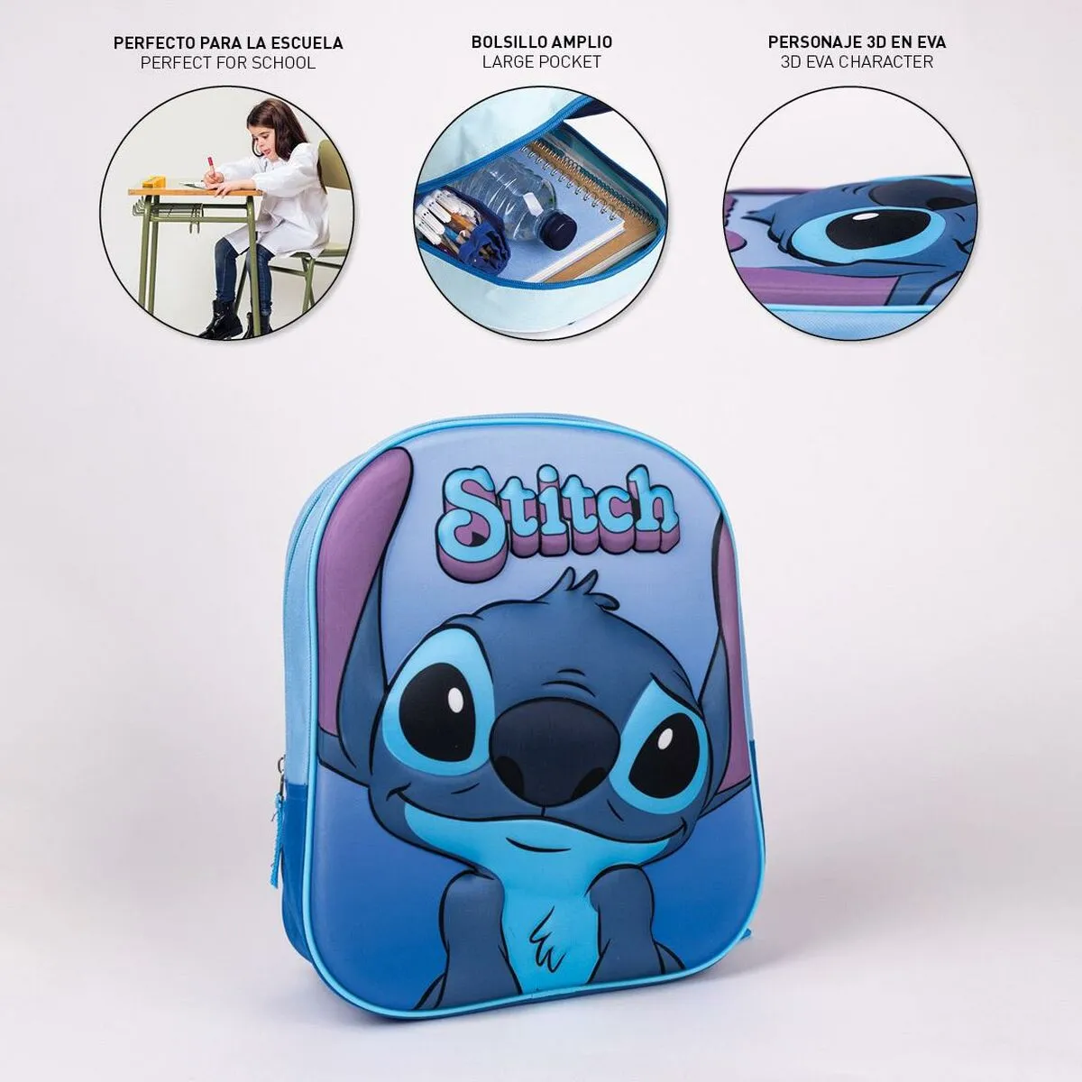 3D School Bag Stitch Blue 25 x 31 x 10 cm