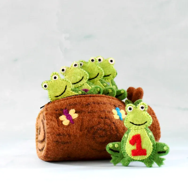 5 Little Speckled Frogs with Log Bag - Felt Finger Puppet Set