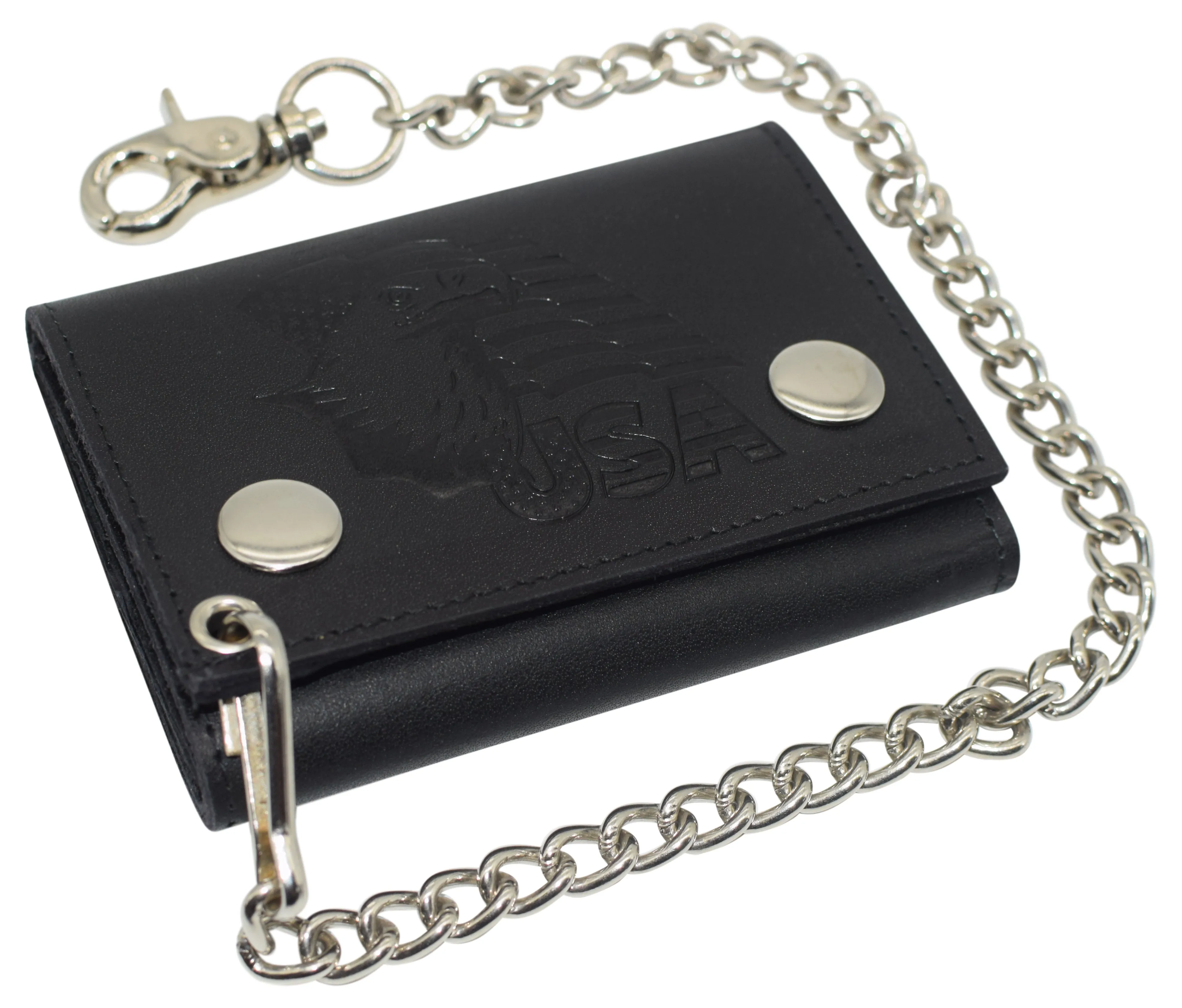 946-55 RFID Blocking Men's Tri-fold Biker Cowhide Genuine Leather Steel Chain Eagle USA Wallet Snap closure