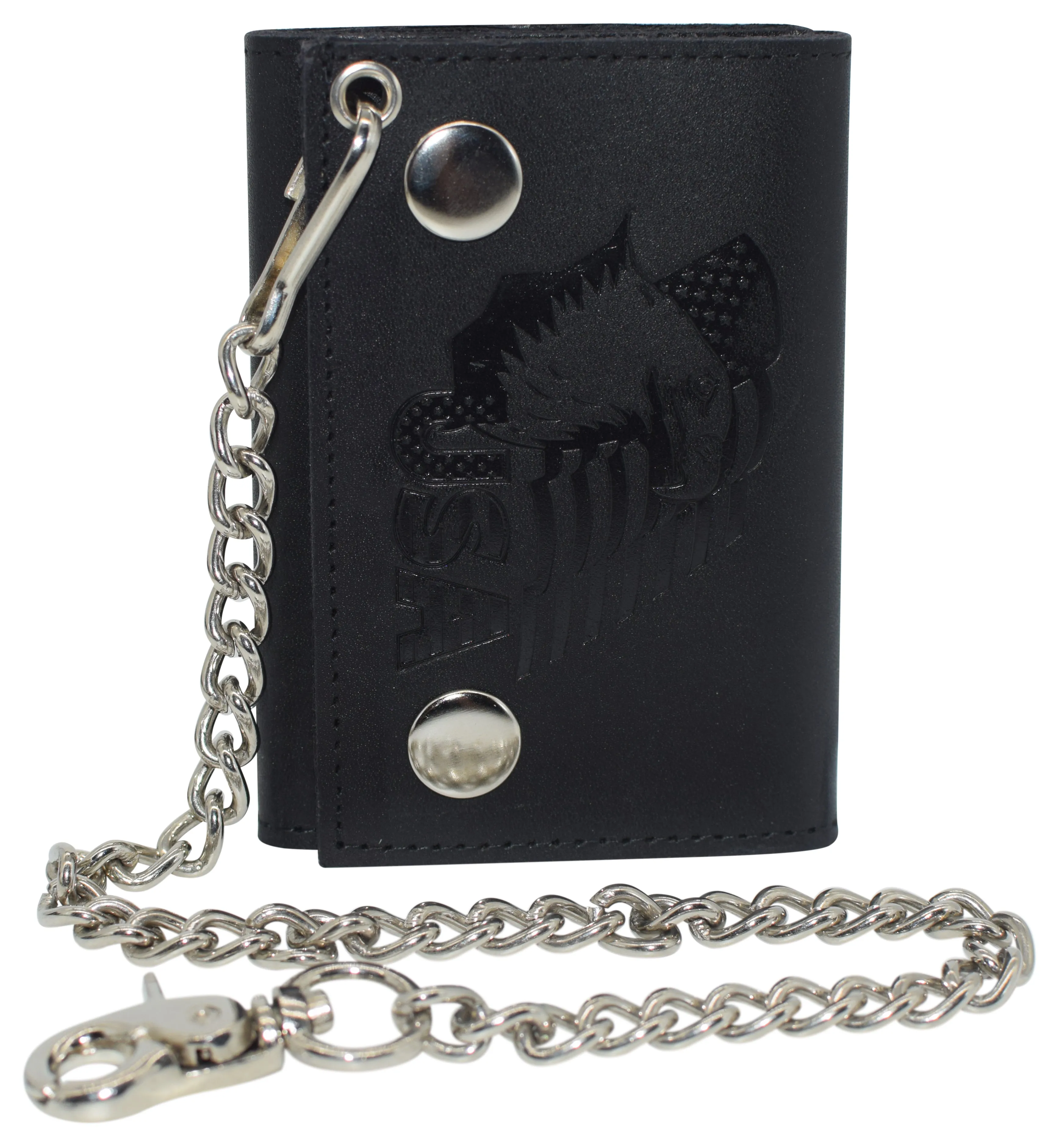 946-55 RFID Blocking Men's Tri-fold Biker Cowhide Genuine Leather Steel Chain Eagle USA Wallet Snap closure