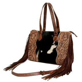 American Darling® Floral Embossed Hair On Brown Leather Bag ADBG930