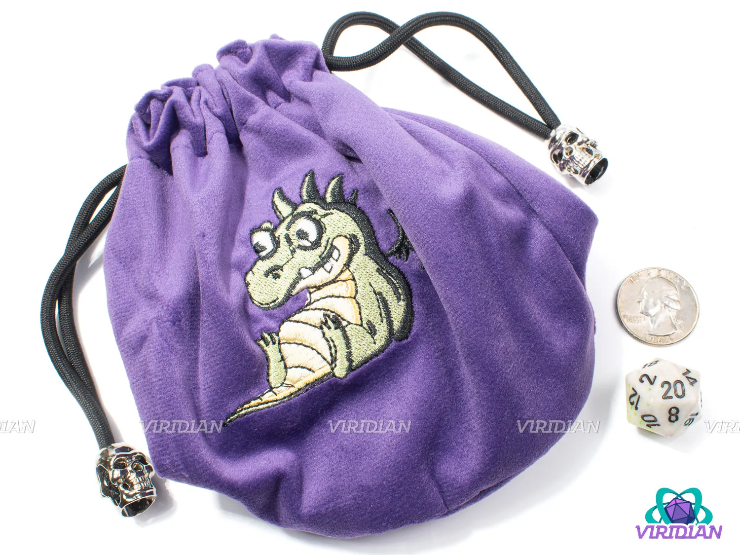 Angsty Dragon Dice Bag | Purple, Cute Dragon Stitched Design, Black String w Skull Accents | Dice Pouch