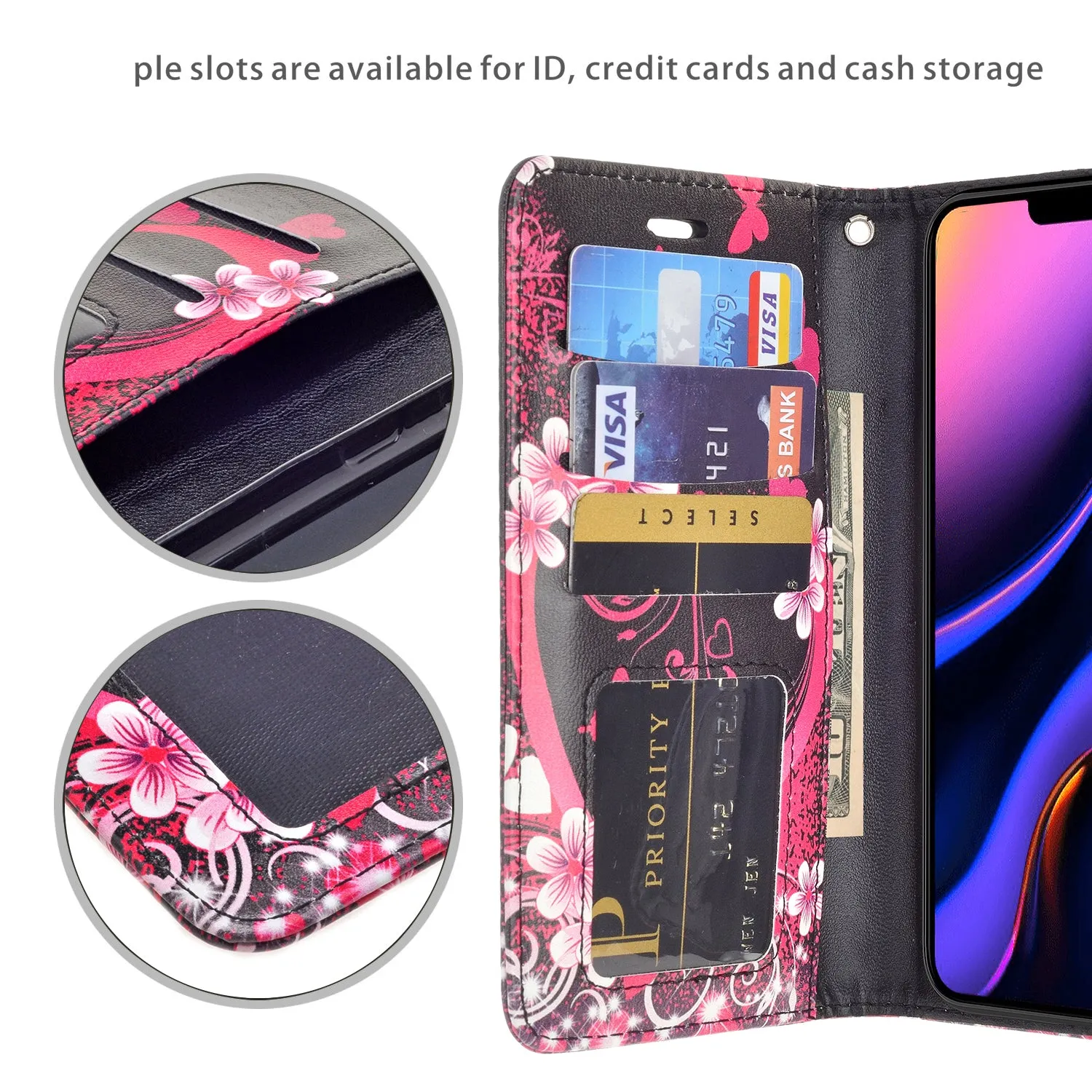 Apple iPhone 12 Pro Case, iPhone 12 Pro Wallet Case, Wrist Strap Pu Leather Wallet Case [Kickstand] with ID & Credit Card Slots - Heart Butterflies