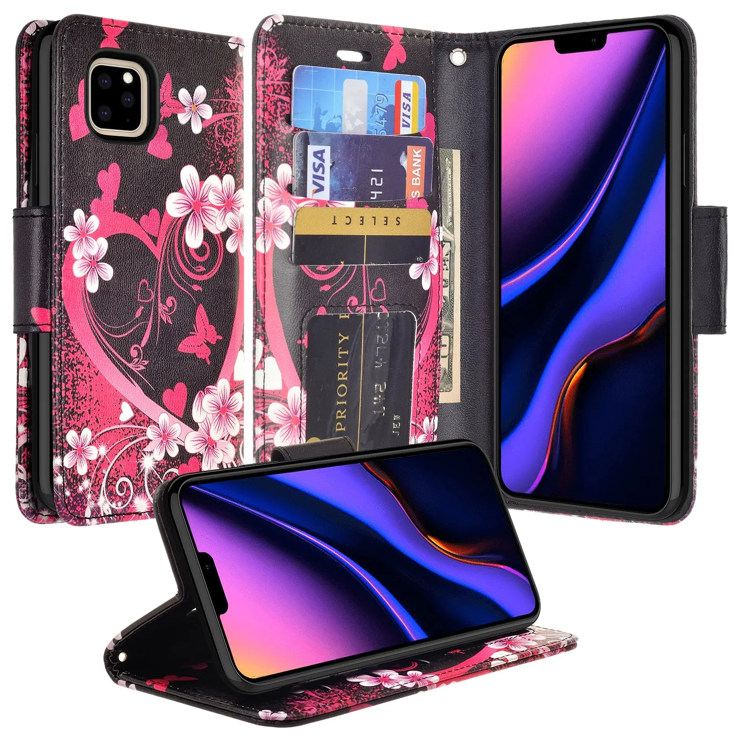 Apple iPhone 12 Pro Case, iPhone 12 Pro Wallet Case, Wrist Strap Pu Leather Wallet Case [Kickstand] with ID & Credit Card Slots - Heart Butterflies