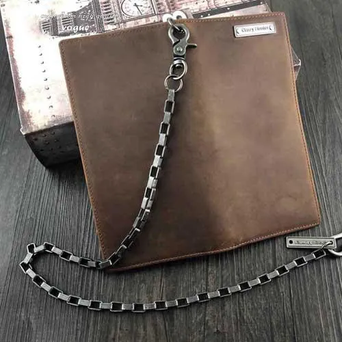 Badass Brown Leather Men's Long Biker Chain Wallet Bifold Long Wallets with Chain For Men