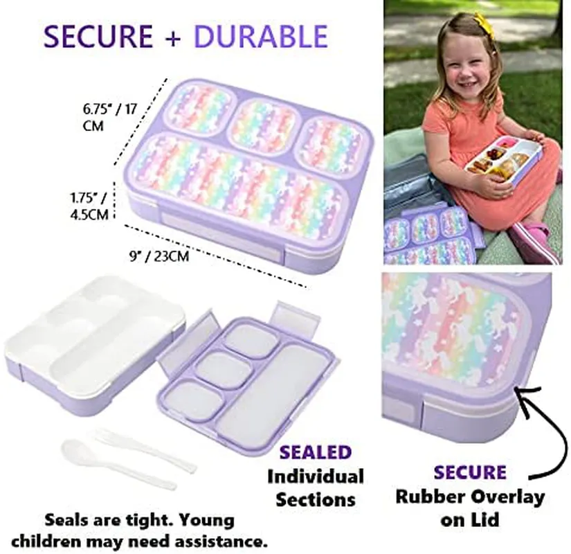 Bento Box Lunch Bag Water Bottle and Ice Pack Set for Girls, Kids | Snack Containers with 4 Compartment Dividers, Boxes for Toddlers Pre-School Daycare Leakproof BPA Free, Rainbow Unicorn