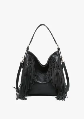 Black Distressed Faux Leather Fringe Detail Hobo Bag