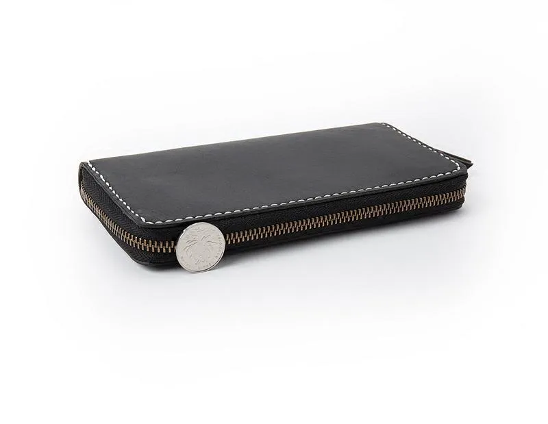 Black Handmade Leather Mens Long Wallet Bifold Zipper Clutch Wallet CellPhone Wallet For Men