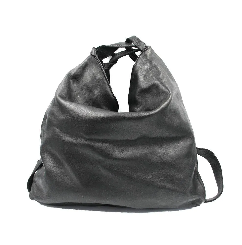 Black Super Soft Calf Washed Leather Handbag Backpack Made In Italy