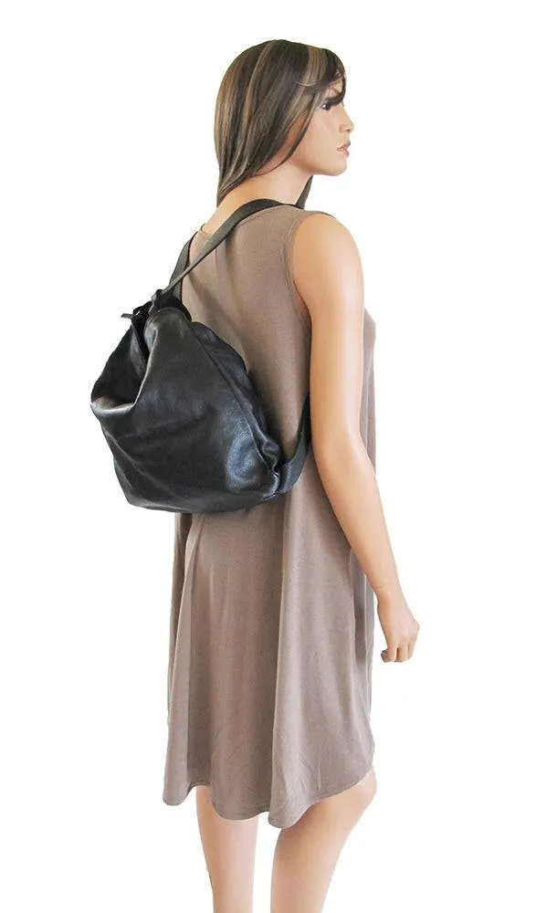 Black Super Soft Calf Washed Leather Handbag Backpack Made In Italy