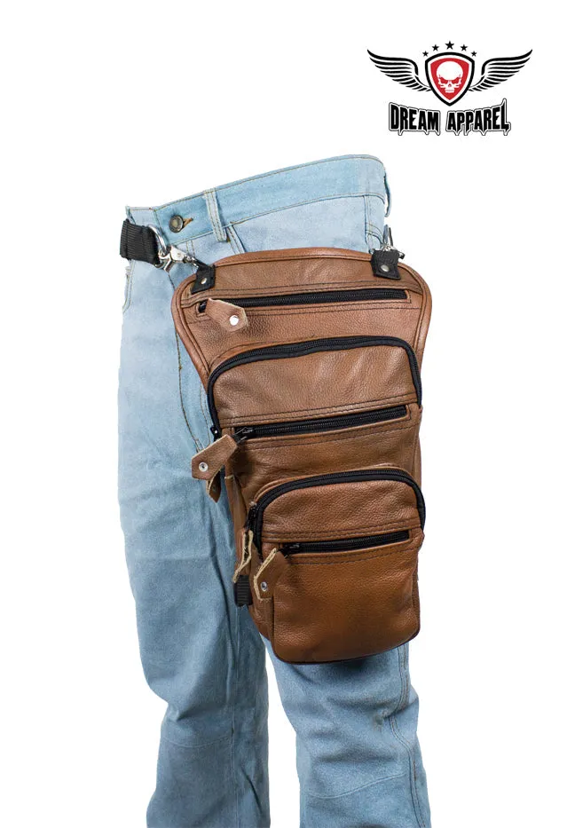 Brown Naked Cowhide Leather Multi-pocket Thigh Bags