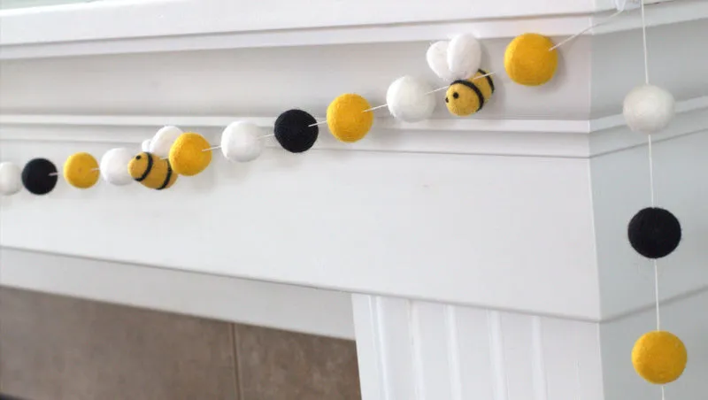 Bumble Bee Felt Garland- Golden Yellow, Black, White