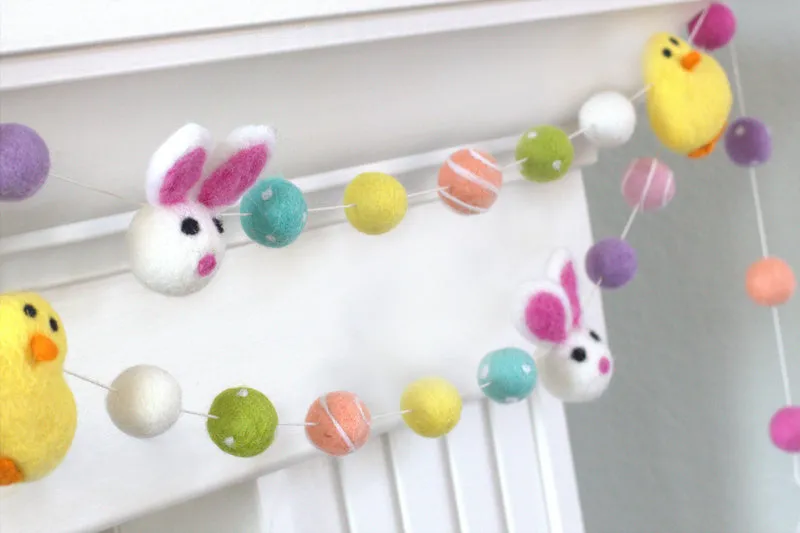 Bunny & Chick Easter Felt Ball Garland- Bright Colors Swirls & Dots