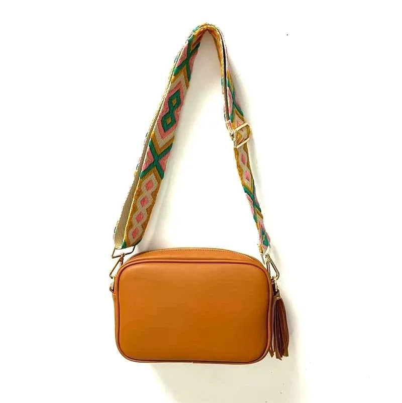 Camel Vegan Leather Square Crossbody Bag With Fringe detail