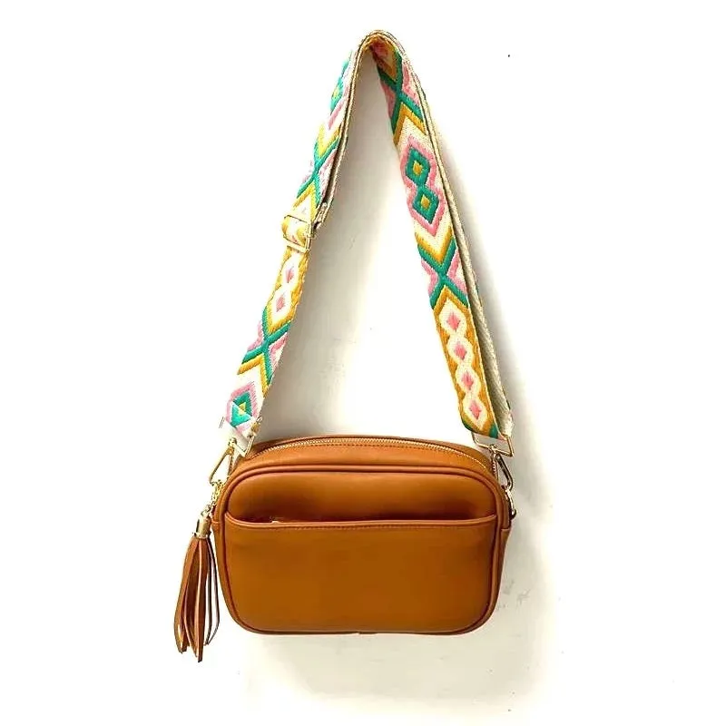 Camel Vegan Leather Square Crossbody Bag With Fringe detail