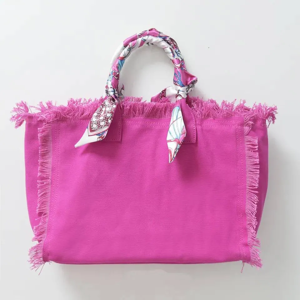 Canvas Fringe Tote Bag w/ Bandana Handle - Assorted Colors