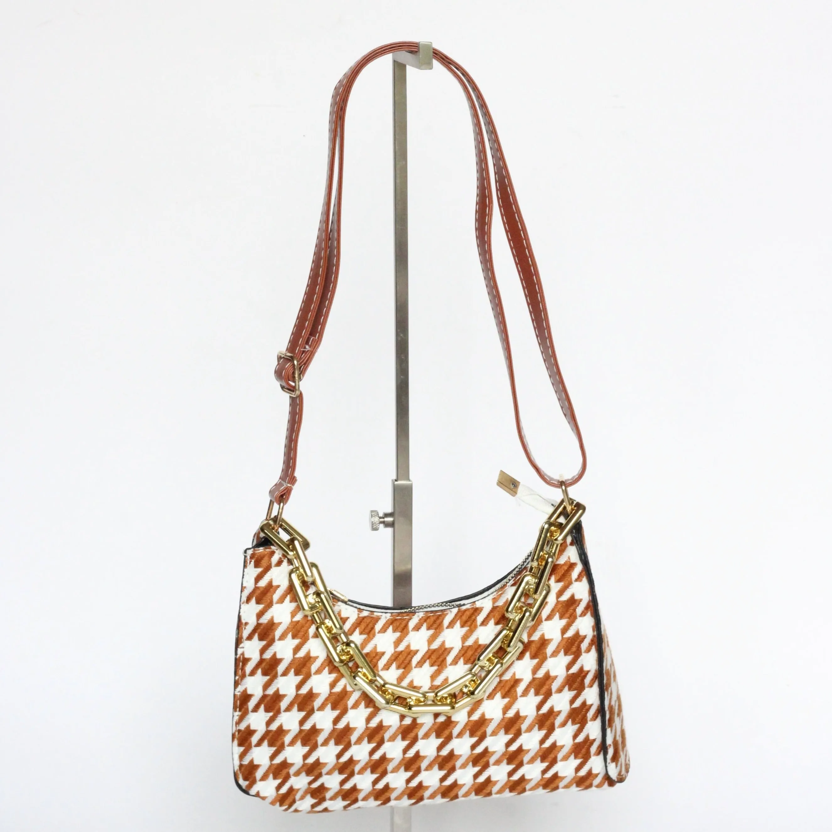 CASSIA Tan Houndstooth Mini Shoulder Bag