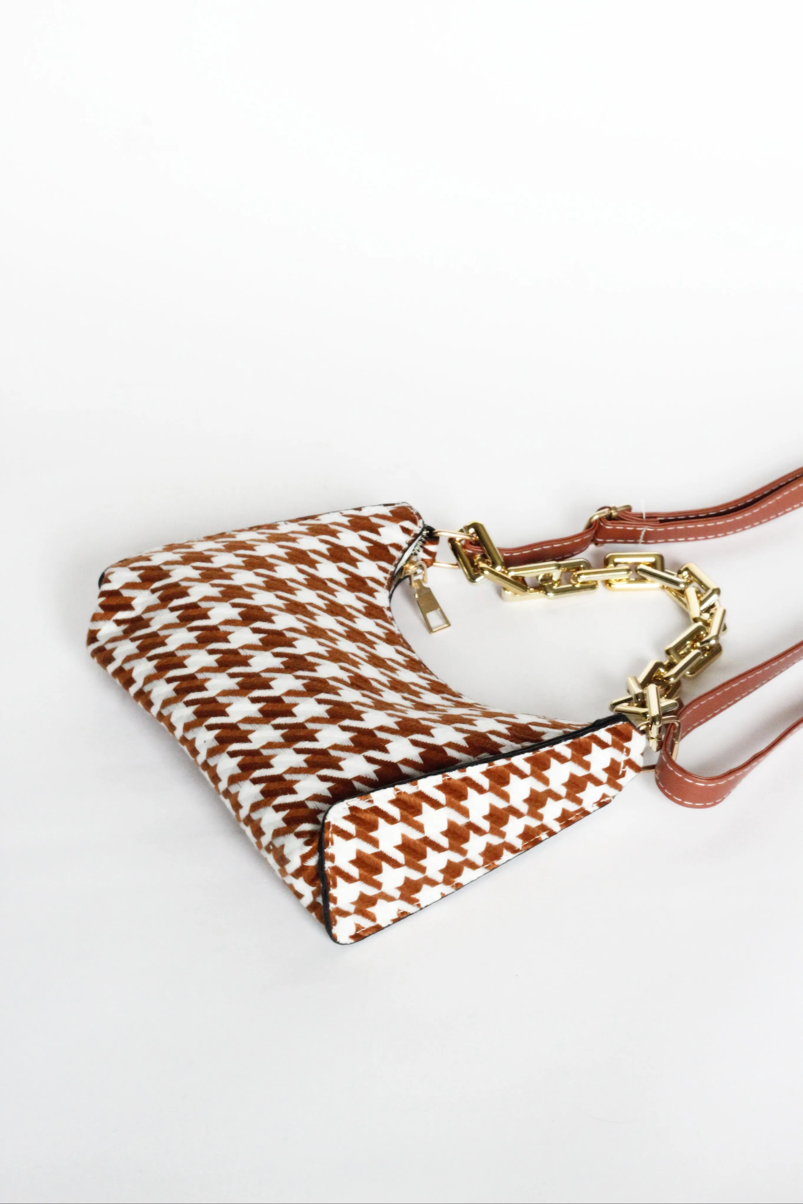 CASSIA Tan Houndstooth Mini Shoulder Bag