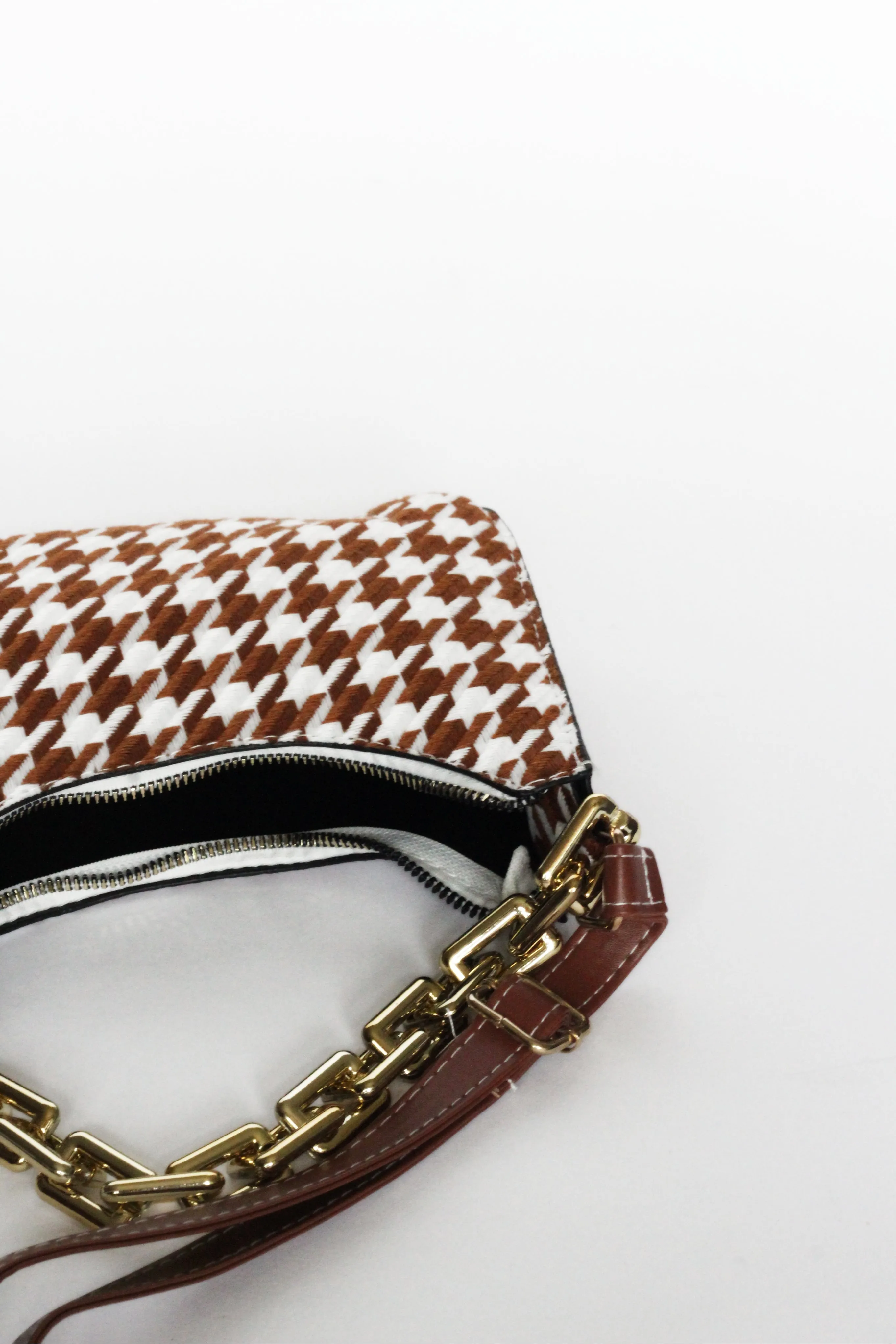 CASSIA Tan Houndstooth Mini Shoulder Bag