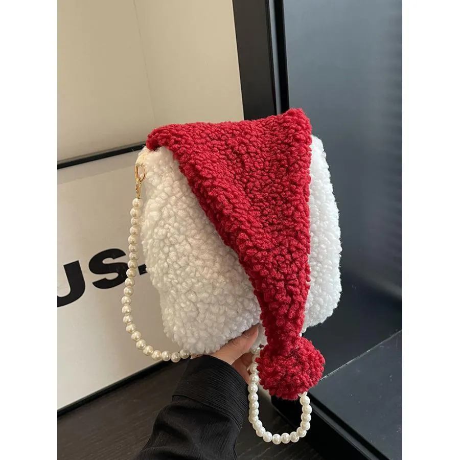 Chic White Plush Christmas Hat Crossbody Bag - Fashionable Women's Shoulder Purse with Secure Clasp, Machine Washable