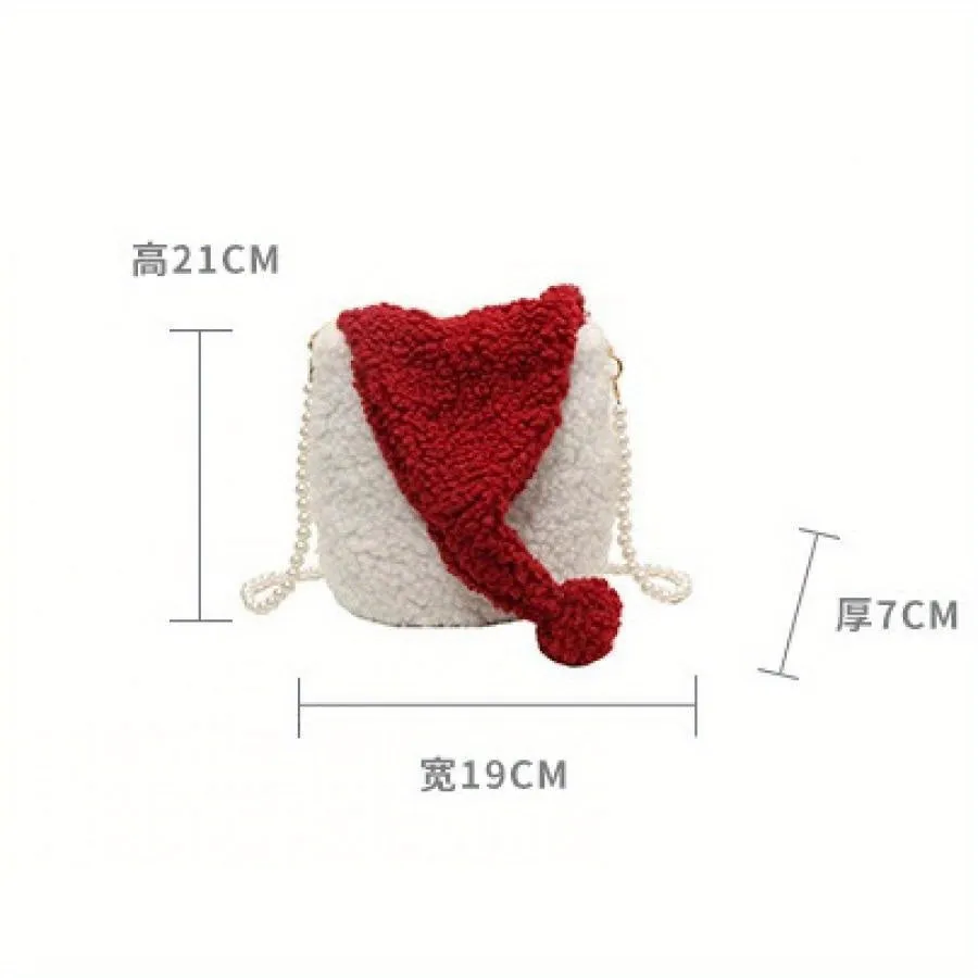 Chic White Plush Christmas Hat Crossbody Bag - Fashionable Women's Shoulder Purse with Secure Clasp, Machine Washable