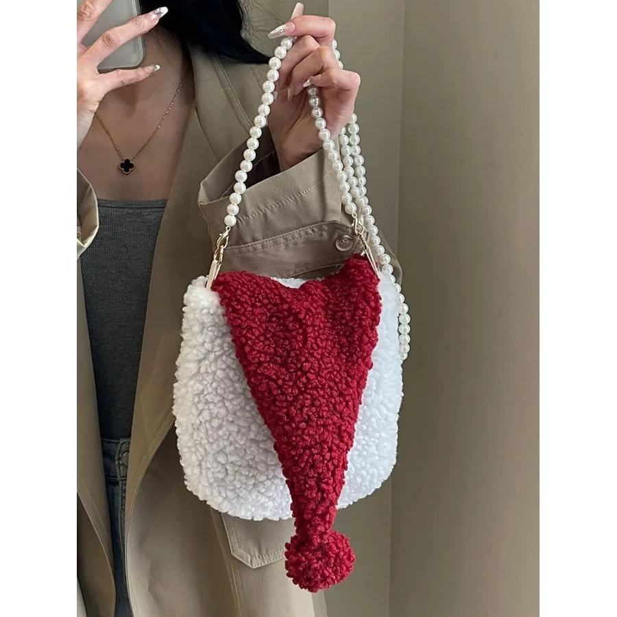 Chic White Plush Christmas Hat Crossbody Bag - Fashionable Women's Shoulder Purse with Secure Clasp, Machine Washable