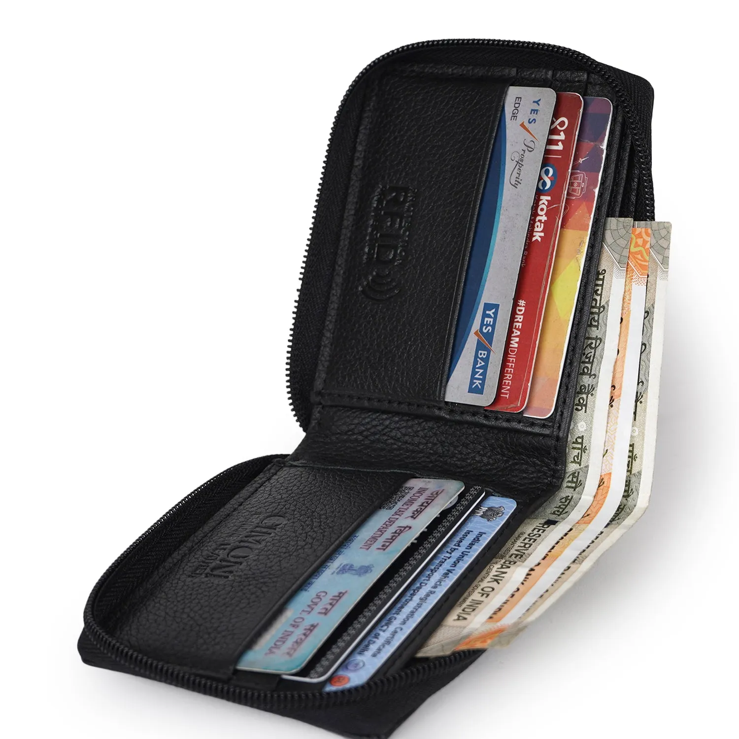 CIMONI RFID Genuine Leather Stylish Credit/5 Debit Card Slots Round Zipper Wallet for Unisex