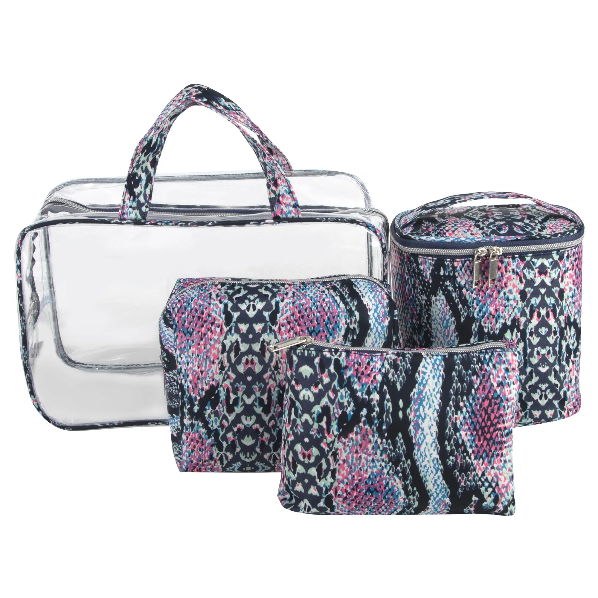 Clear Cosmetic Traveling Case With 3 Cosmetic Bags & Pouch