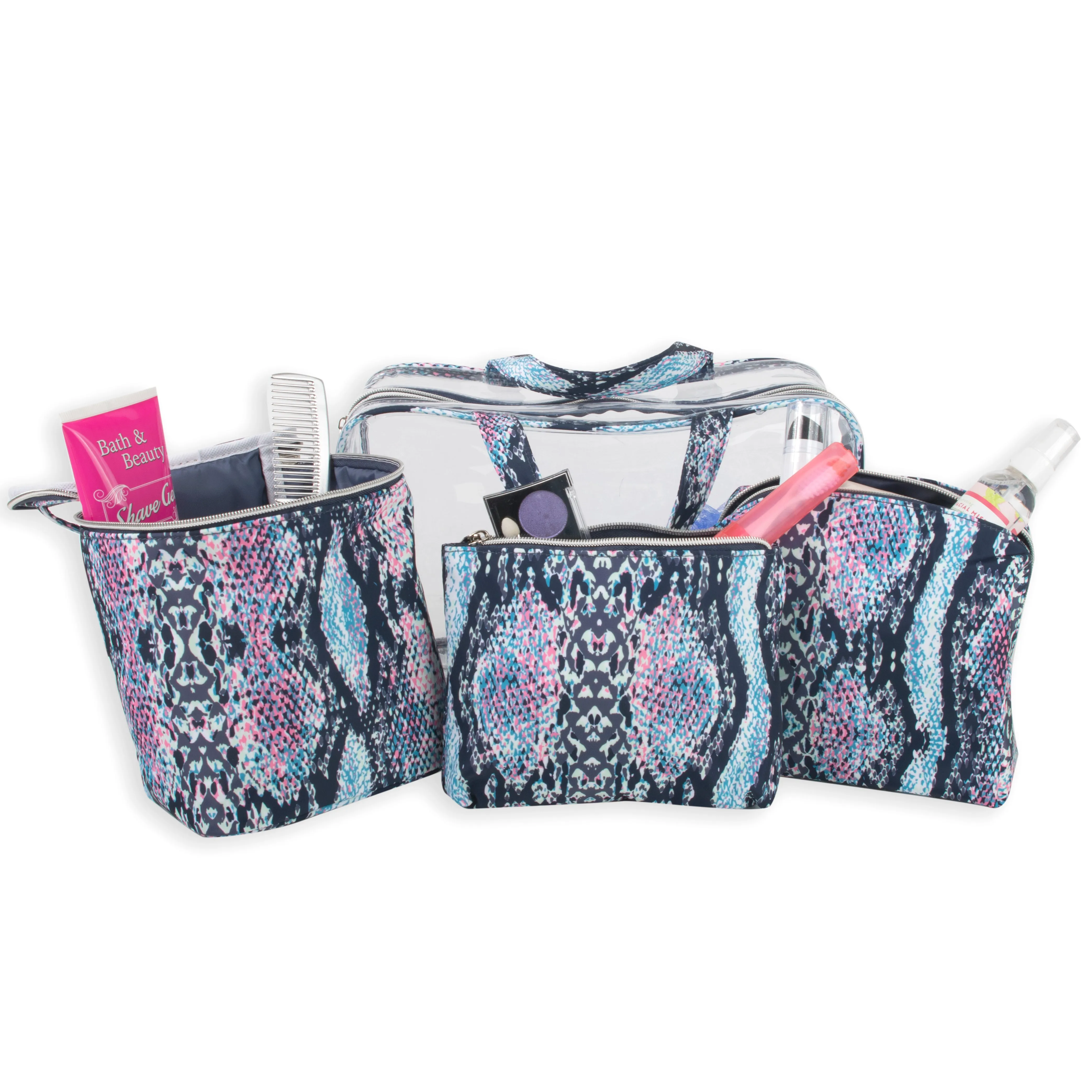 Clear Cosmetic Traveling Case With 3 Cosmetic Bags & Pouch