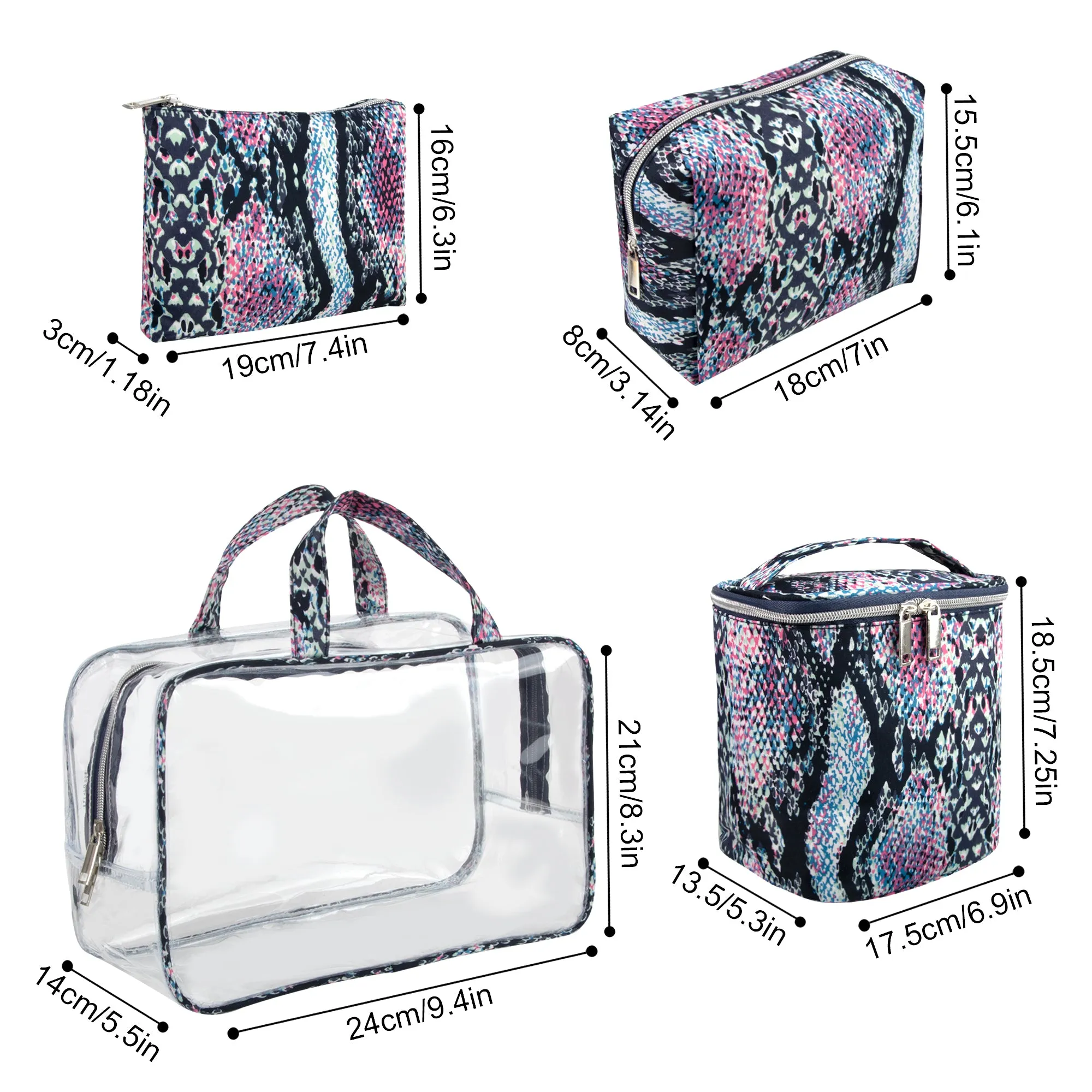 Clear Cosmetic Traveling Case With 3 Cosmetic Bags & Pouch