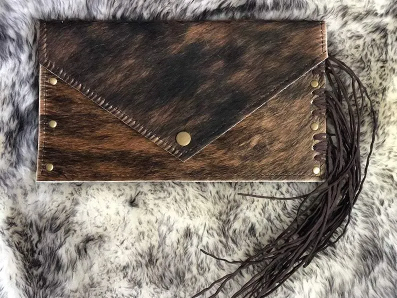 Cowhide Clutch Envelope Style with Leather Fringe