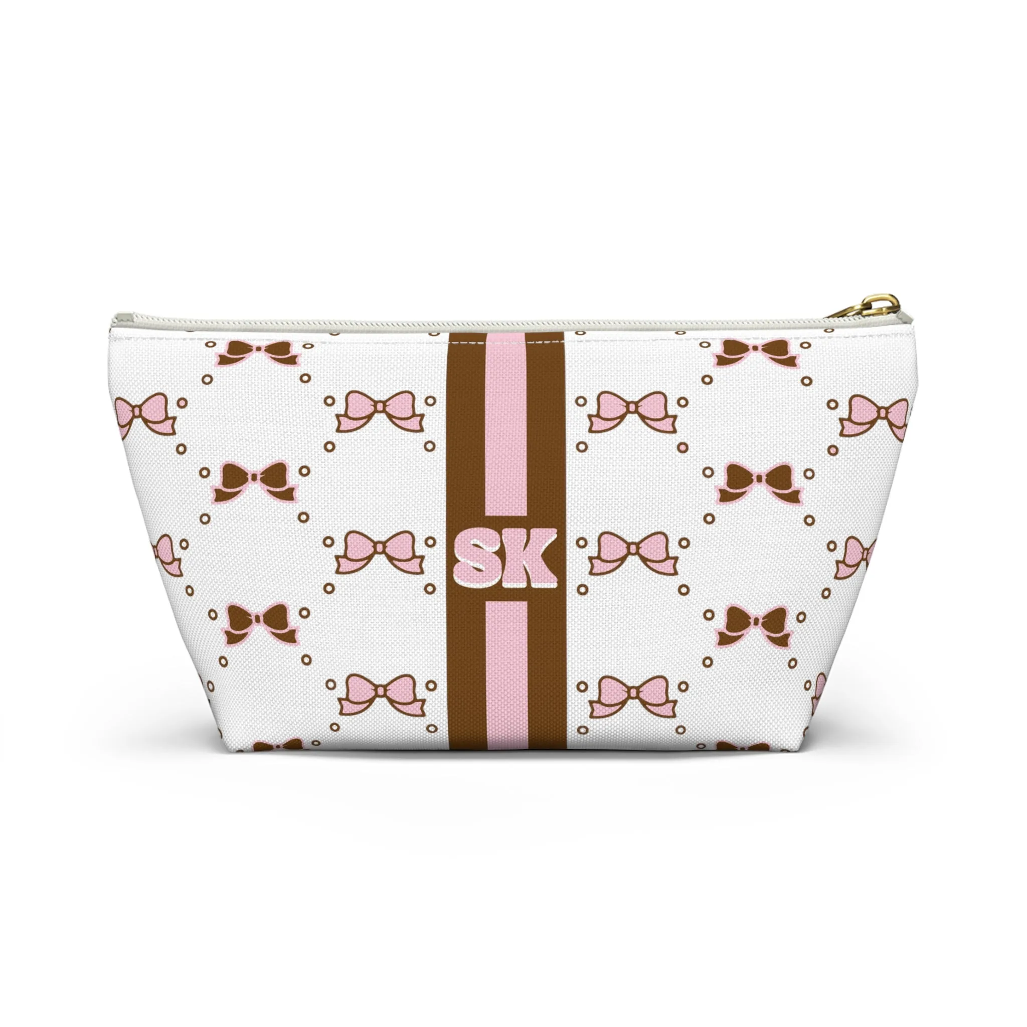 Custom Initial Personalized Bow Makeup Bag - Custom Initial, Makeup Bag, Brown and Pink, Personalized, Bow Aesthetic