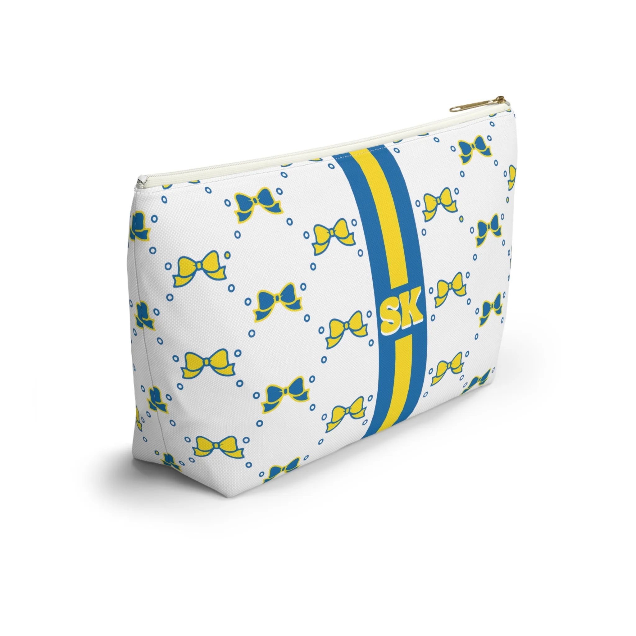 Custom Initial Personalized Bow Makeup Bag - Custom Initial, Makeup Bag, Delaware, Blue and Yellow, Blue Hens, Personalized, Bow Aesthetic