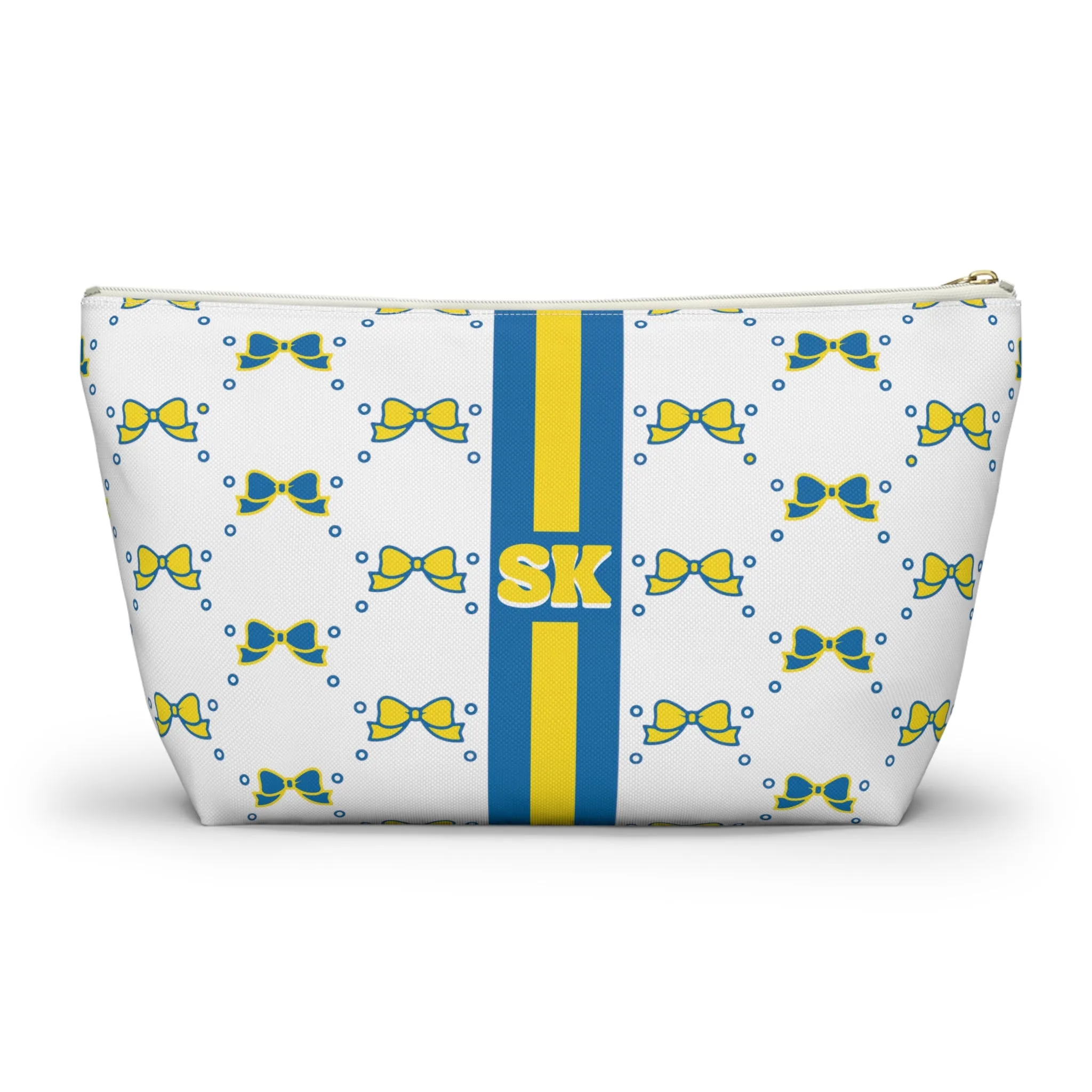 Custom Initial Personalized Bow Makeup Bag - Custom Initial, Makeup Bag, Delaware, Blue and Yellow, Blue Hens, Personalized, Bow Aesthetic