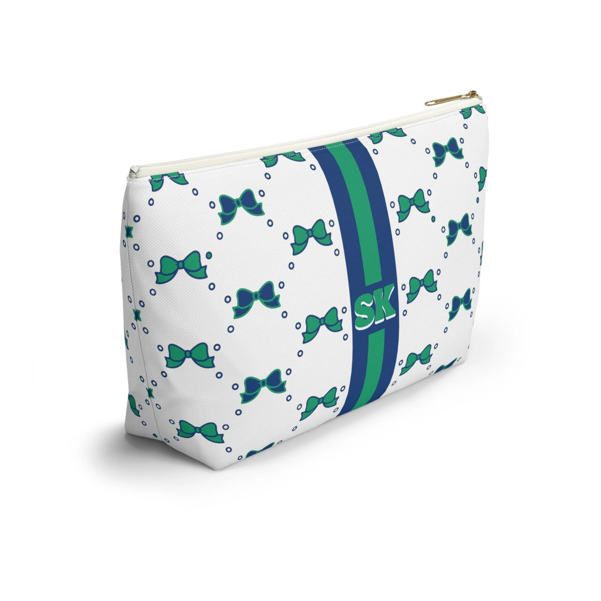 Custom Initial Personalized Bow Makeup Bag - Custom Initial, Makeup Bag, FGCU, Blue & Green, Florida Gulf Coast, Personalized,Bow Aesthetic