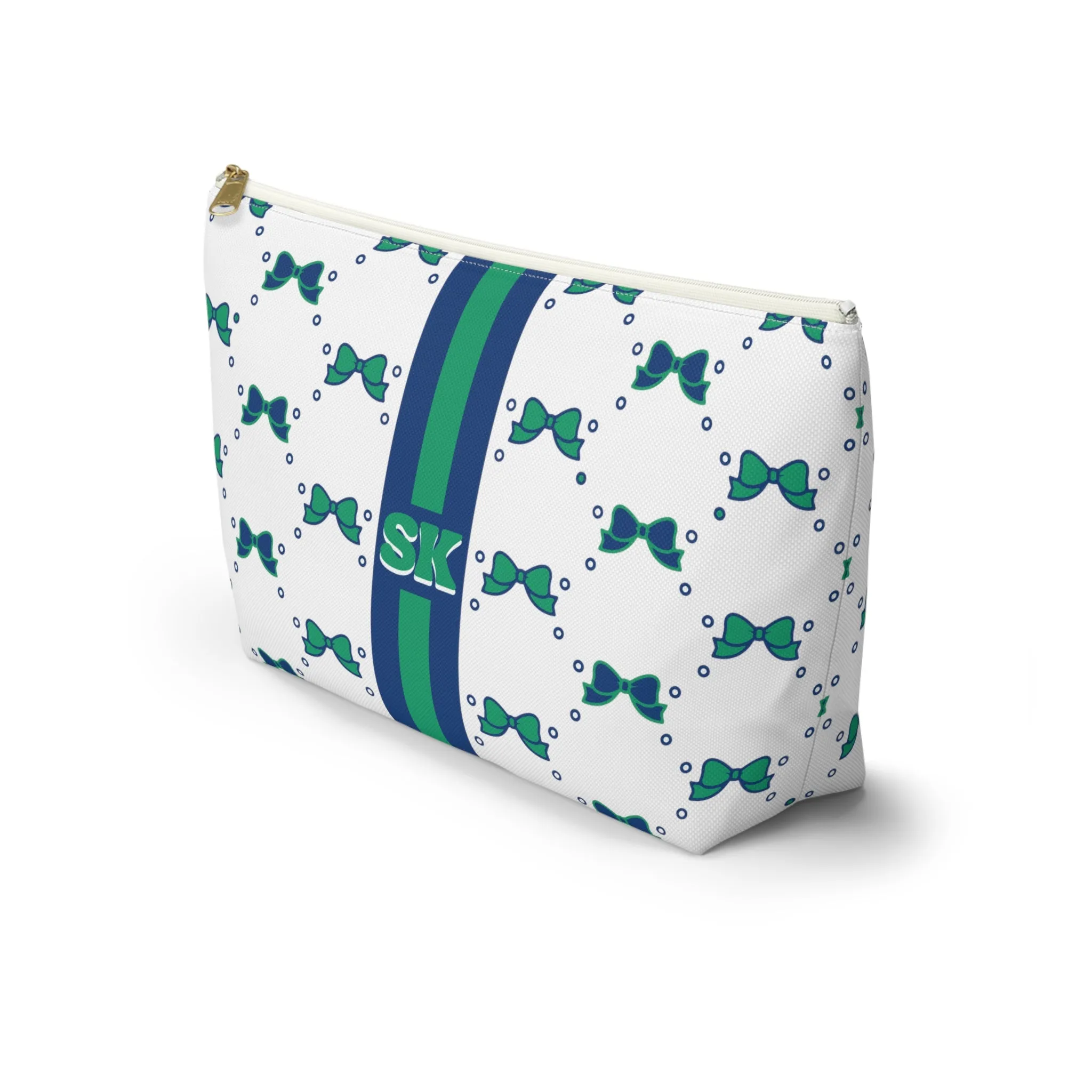 Custom Initial Personalized Bow Makeup Bag - Custom Initial, Makeup Bag, FGCU, Blue & Green, Florida Gulf Coast, Personalized,Bow Aesthetic