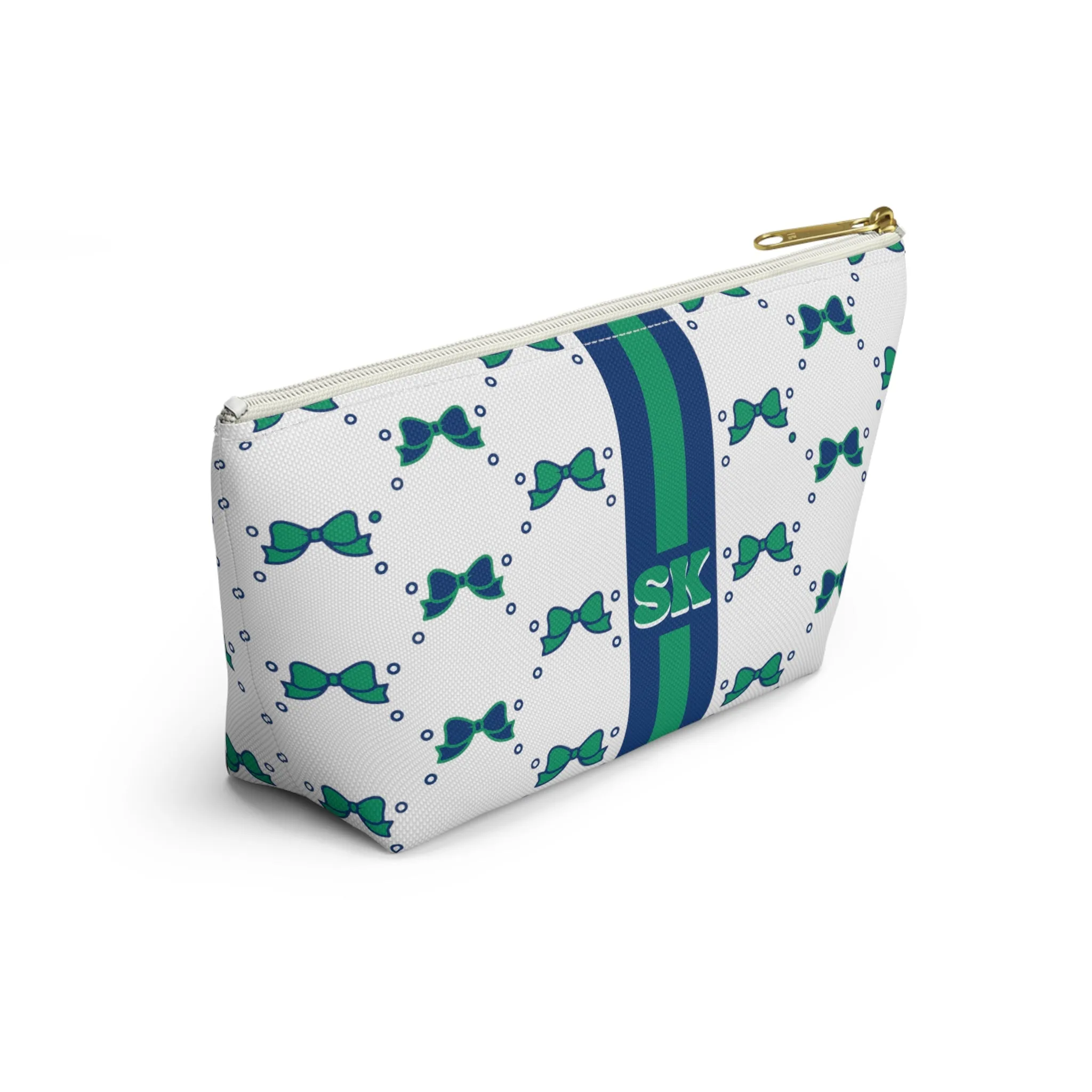 Custom Initial Personalized Bow Makeup Bag - Custom Initial, Makeup Bag, FGCU, Blue & Green, Florida Gulf Coast, Personalized,Bow Aesthetic