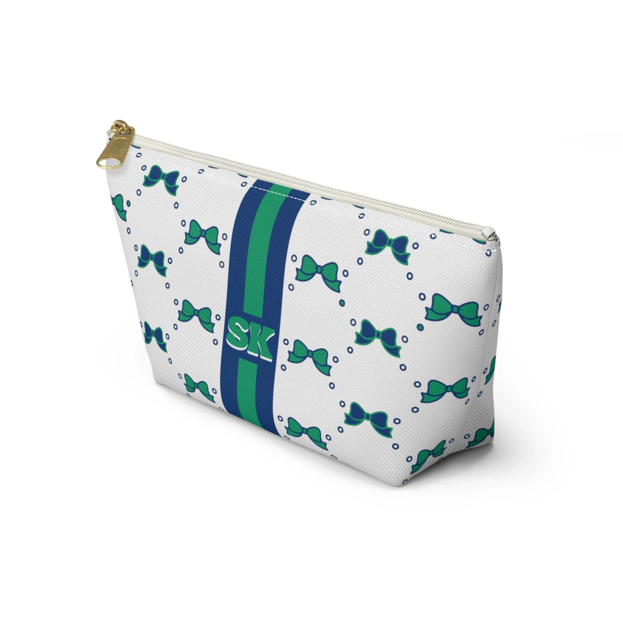 Custom Initial Personalized Bow Makeup Bag - Custom Initial, Makeup Bag, FGCU, Blue & Green, Florida Gulf Coast, Personalized,Bow Aesthetic