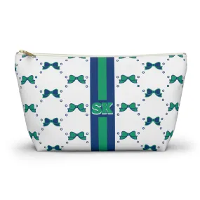 Custom Initial Personalized Bow Makeup Bag - Custom Initial, Makeup Bag, FGCU, Blue & Green, Florida Gulf Coast, Personalized,Bow Aesthetic