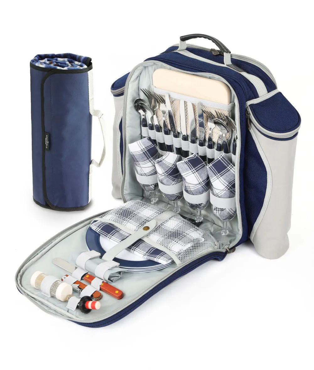 Deluxe Picnic Backpack Hamper for Four People with Matching Picnic Blanket