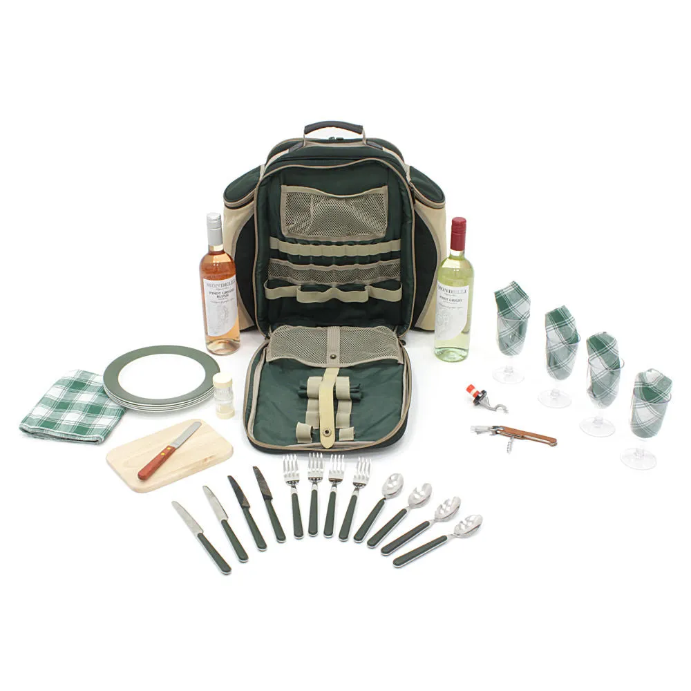 Deluxe Picnic Backpack Hamper for Four People with Matching Picnic Blanket